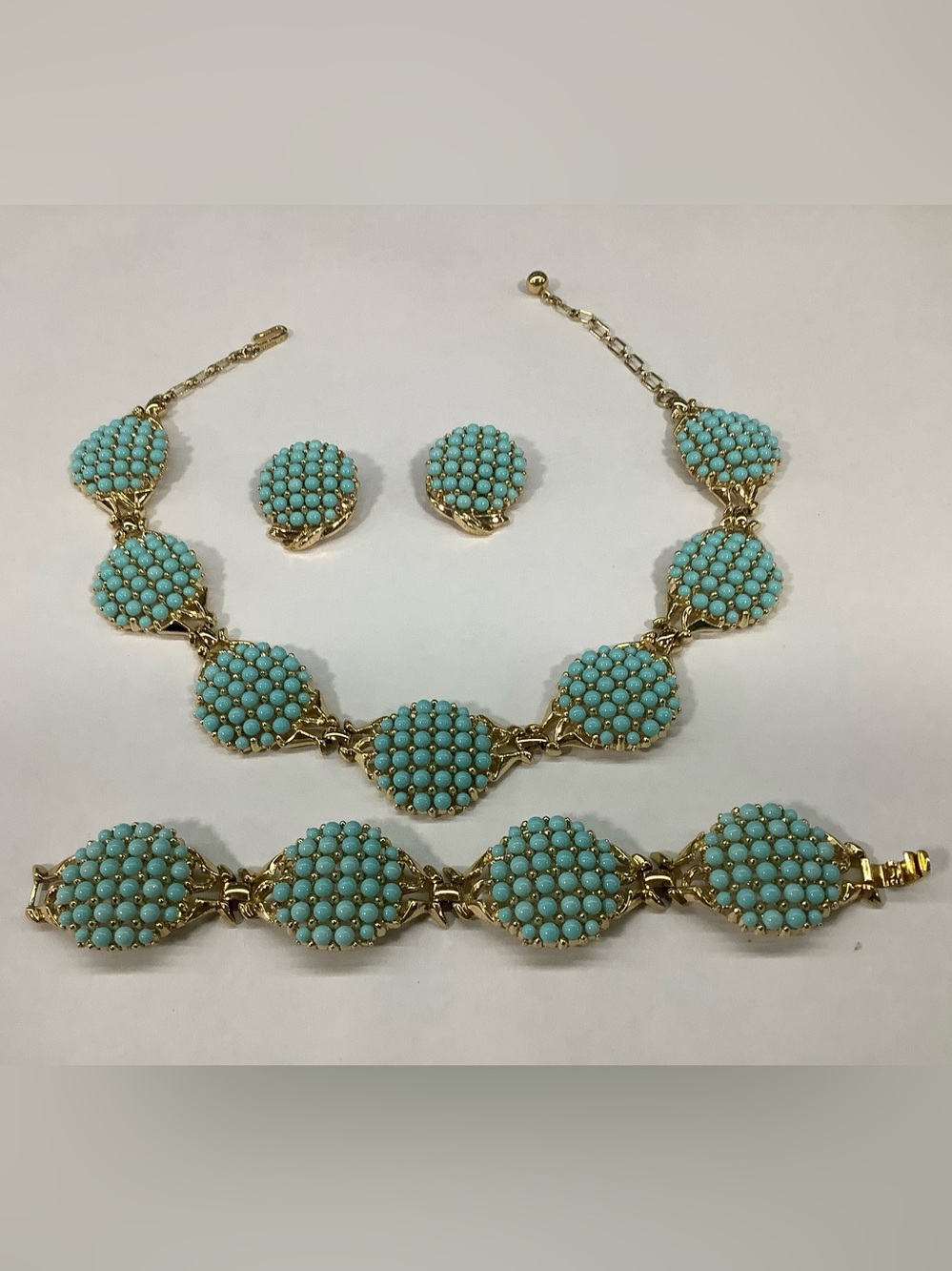 Trifari Gold-Tone Turquoise Cluster Necklace, Bracelet & Clip-On Earrings Set